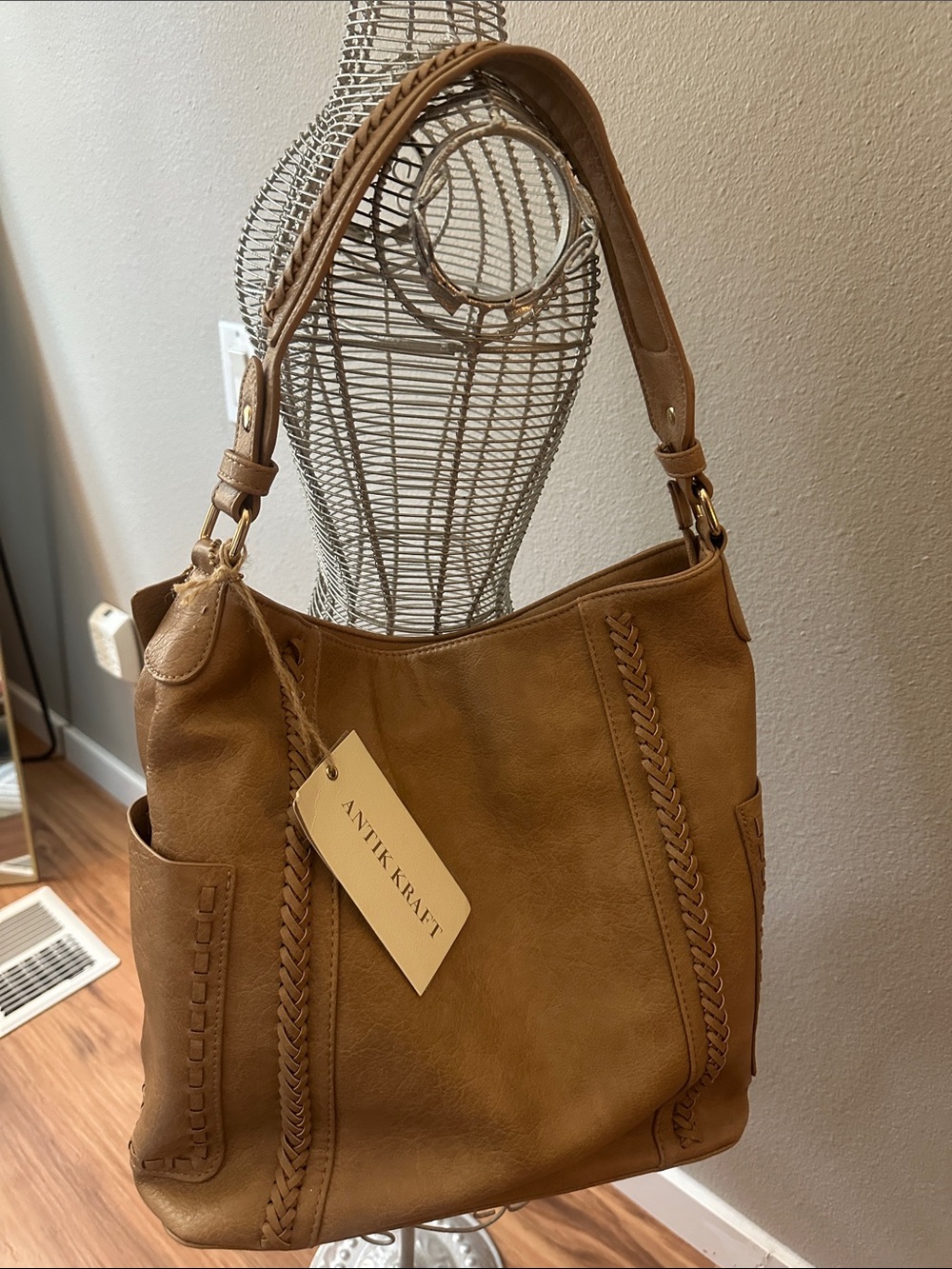 Antik Kraft Cognac Braided Leather Shoulder Tote
